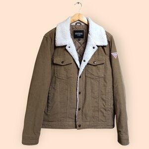 GUESS Men's Corduroy Bomber Jacket with Sherpa Collar Tan Cozy Warm MENS Medium